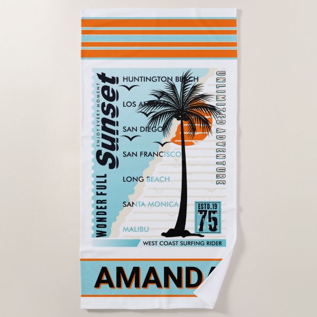 Sunset Vibes & Coastal Rides Beach Towel (Front)