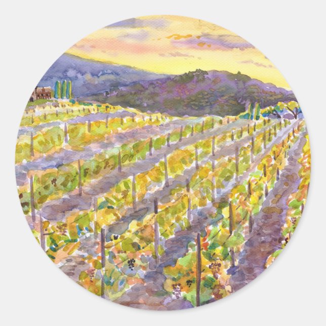 Sunset Vineyard – Golden Watercolor Landscape Classic Round Sticker (Front)