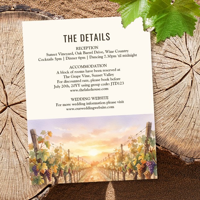 Sunset Vineyard Landscape Wedding Details Enclosure Card (Details and Accommodation insert card from the Sunset Vineyard wedding collection by Darling & May)