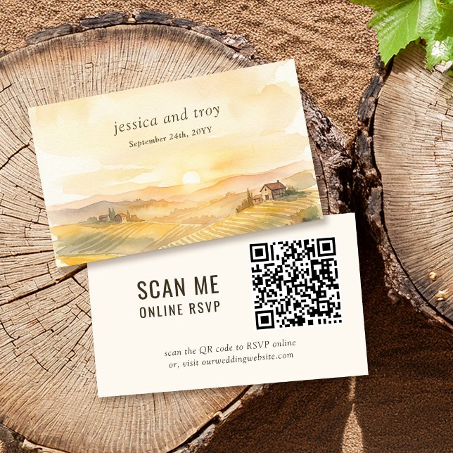 Sunset Vineyard Landscape Wedding Website QR Code Enclosure Card (Online RSVP QR Card from the Sunset Vineyard wedding collection by Darling & May)