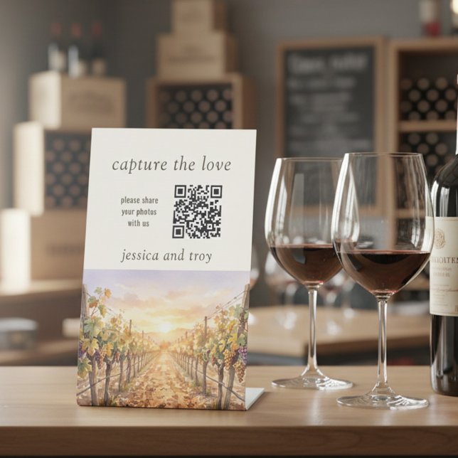 Sunset Vineyard QR Code Capture the Love Wedding Pedestal Sign (Sign with qr code for photo sharing from the Sunset Vineyard wedding collection by Darling & May)