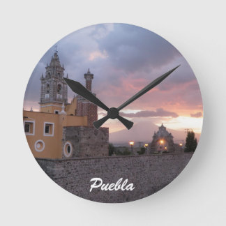 Sunset Volcano and Church Puelba, Mexico Round Clock