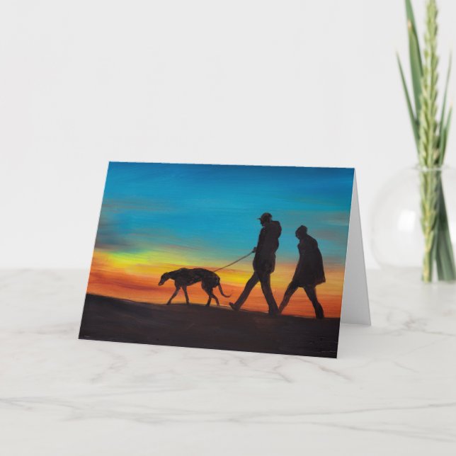 Sunset Walk with Greyhound Dog Art Greeting Card (Front)