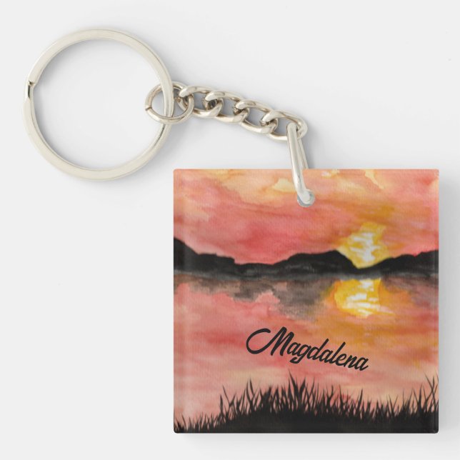 sunset watercolor | black ink | landscape art - key ring (Front)