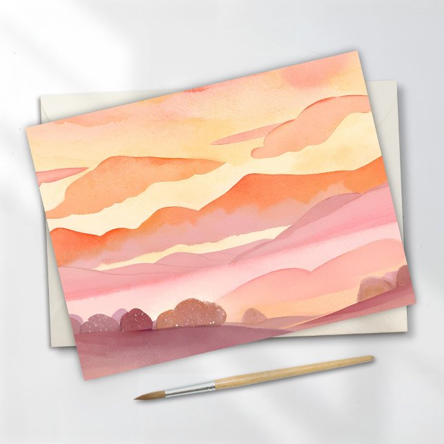 Sunset Watercolor Hills | Orange Hue Sky Painting Postcard (Creator Uploaded)