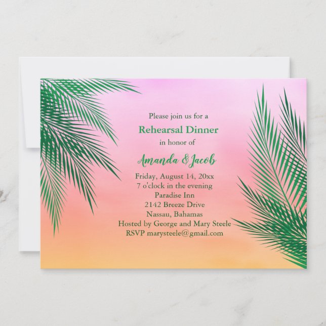 Sunset Watercolor Palm Leaves Rehearsal Dinner Invitation (Front)