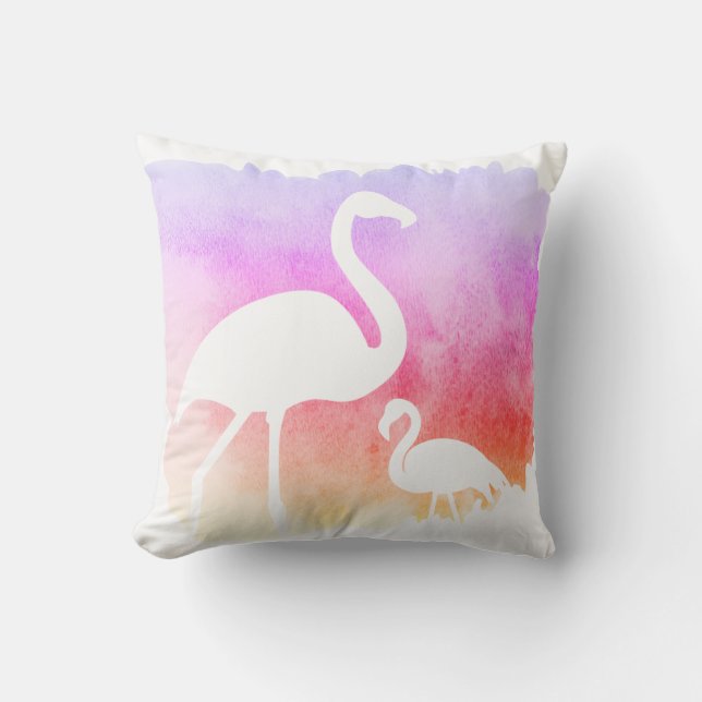 Sunset Watercolor White Flamingos Cushion (Front)