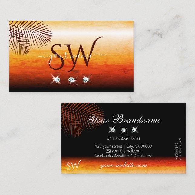 Sunset Watercolors Palm Leaves Diamonds Monogram Business Card (Front/Back)