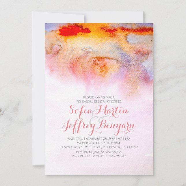 Sunset watercolors rehearsal dinner invitation (Front)