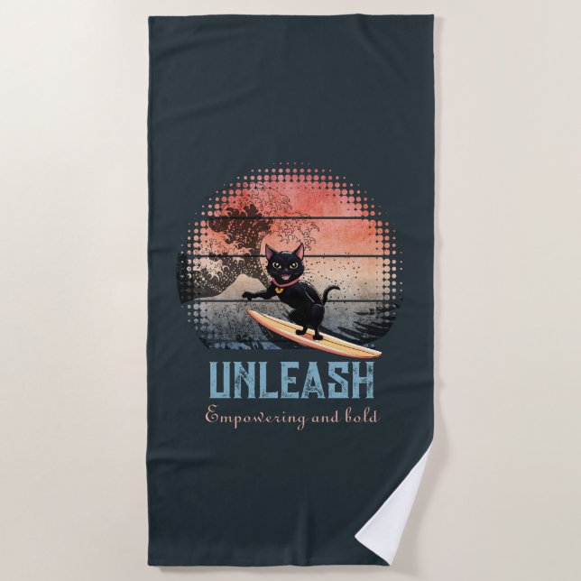 Sunset Wave-Riding Cat Beach Towel (Front)