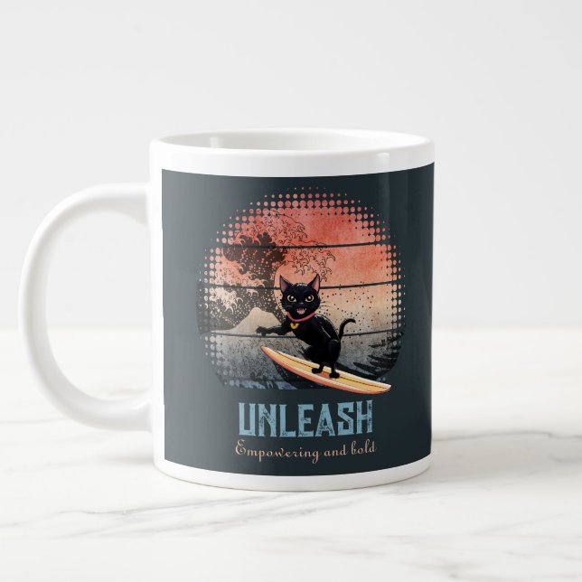 Sunset Wave-Riding Cat Large Coffee Mug (Left)