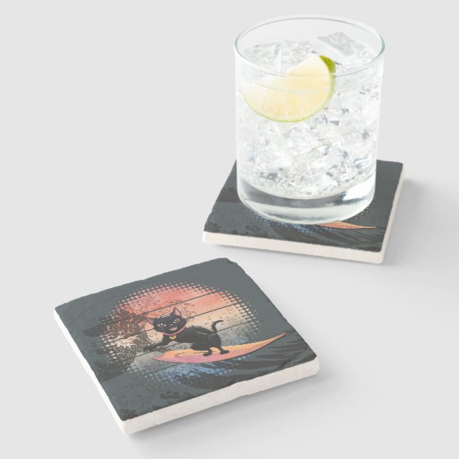 Sunset Wave-Riding Cat Stone Coaster (Side)