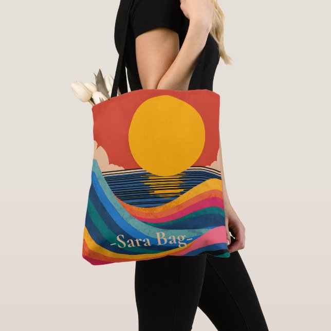 Sunset Waves Abstract Bauhaus Custom Name Tote Bag (Close Up)