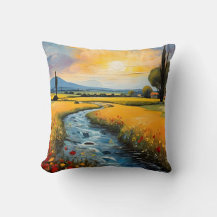 Sunset Wildflowers Field Countryside With A Stream Cushion