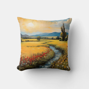 Sunset Wildflowers Field With A Flowing Stream Cushion