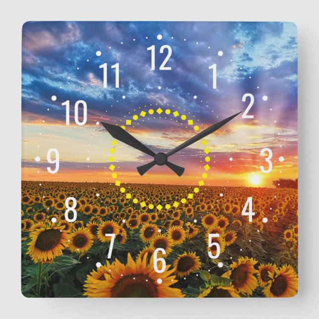 Sunset with Beauty of Sunflowers - Rustic Outdoor Square Wall Clock (Front)