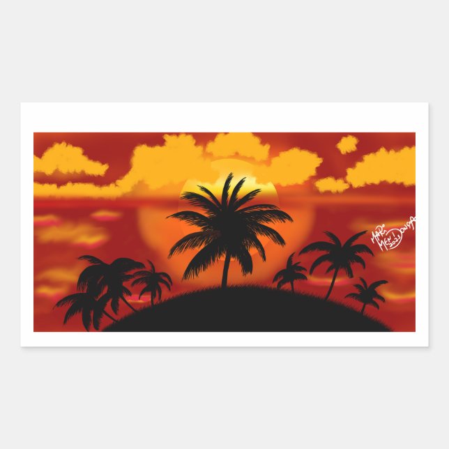 Sunset with coconut rectangular sticker (Front)