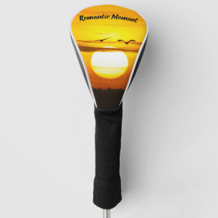 Sunset with flying birds orange photo with text golf head cover