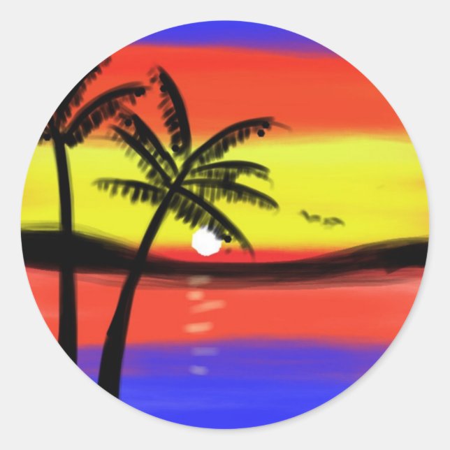 Sunset with Palm Trees Classic Round Sticker (Front)