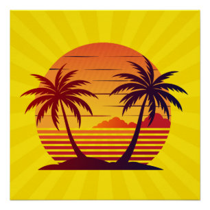 Sunset with Palm Trees Vector Poster