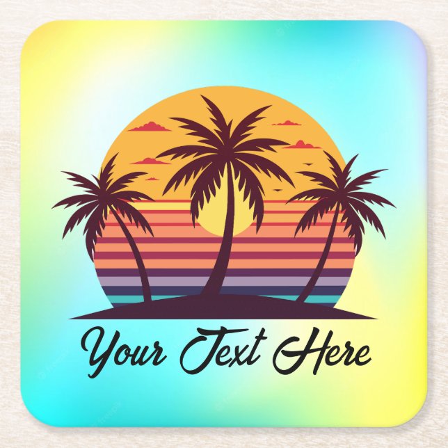 Sunset With Palm Trees Vector Square Paper Coaster (Front)