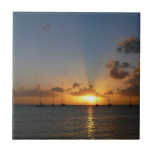 Sunset with Sailboats Tropical Landscape Photo Ceramic Tile