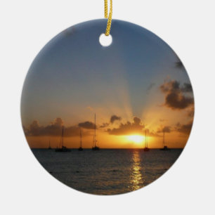 Sunset with Sailboats Tropical Landscape Photo Ceramic Tree Decoration