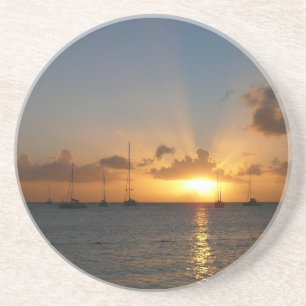 Sunset with Sailboats Tropical Landscape Photo Coaster