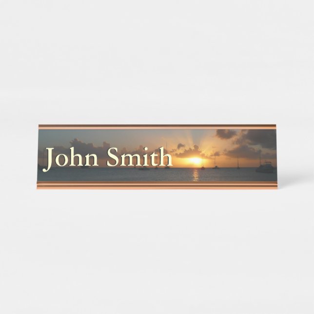 Sunset with Sailboats Tropical Landscape Photo Desk Name Plate (Front)