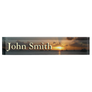 Sunset with Sailboats Tropical Landscape Photo Nameplate