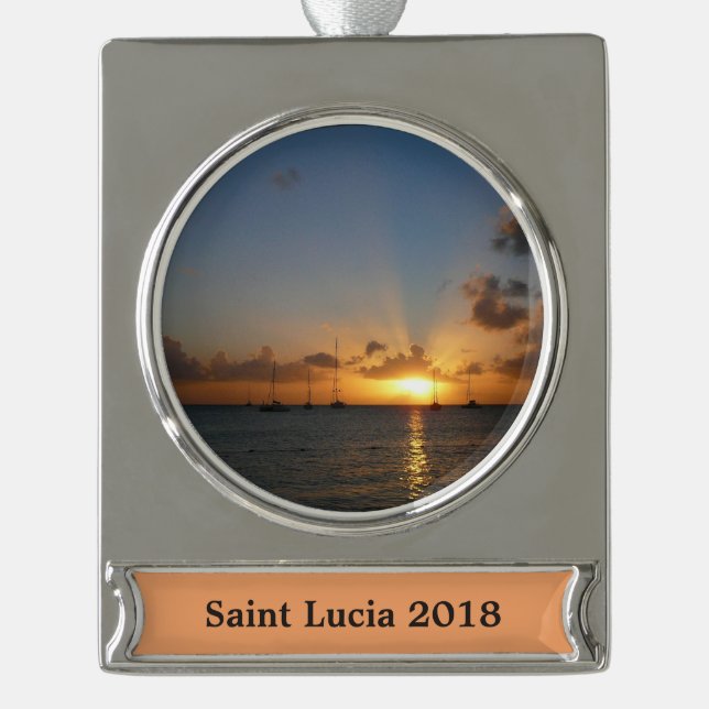 Sunset with Sailboats Tropical Landscape Photo Silver Plated Banner Ornament (Front)