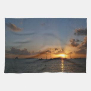 Sunset with Sailboats Tropical Landscape Photo Tea Towel