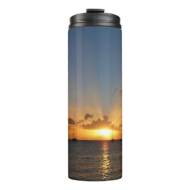 Sunset with Sailboats Tropical Landscape Photo Thermal Tumbler (Front)