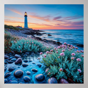 Sunset with Vibrant Flowers and Smooth Stones 🌅🌸 Poster