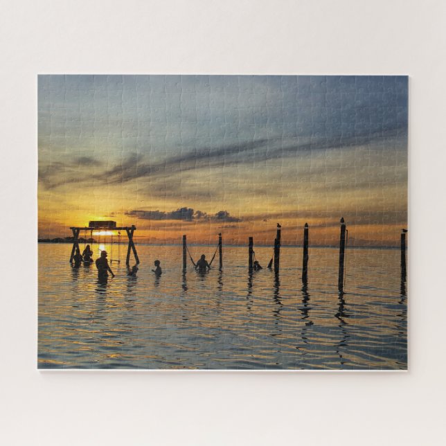 Sunset with Wooden Posts in Water Jigsaw Puzzle (Horizontal)