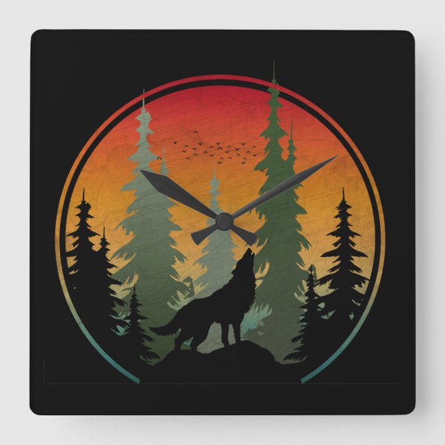 Sunset Wolf Nature Scenery Square Wall Clock (Front)