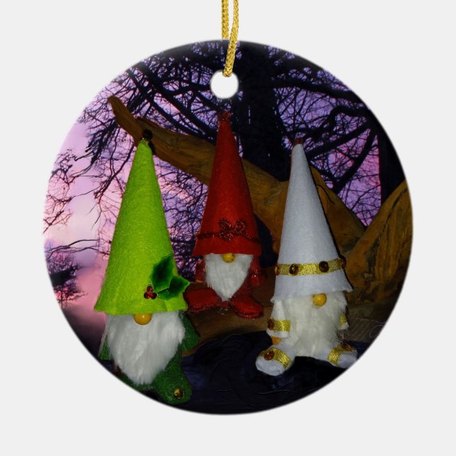 Sunset Woodland Gnomes Ceramic Ornament (Front)