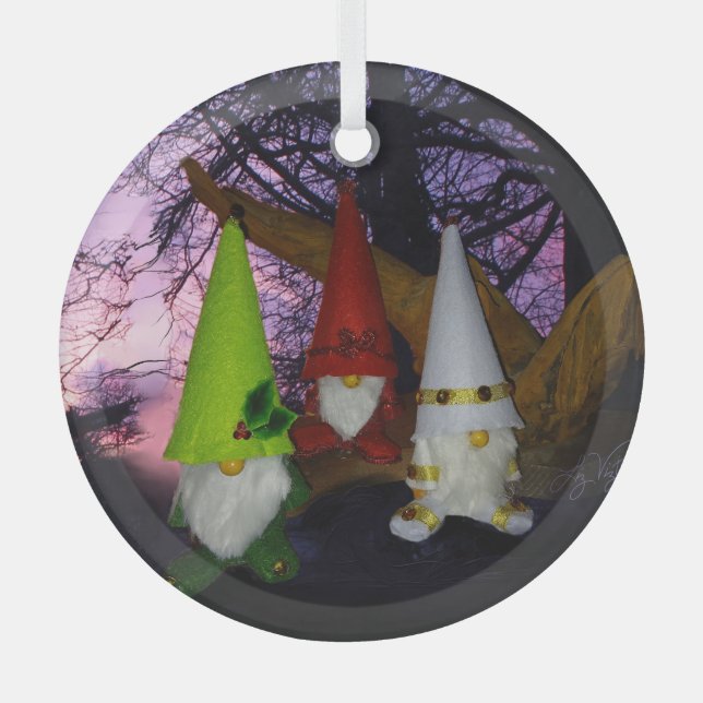 Sunset Woodland Gnomes Glass Circle Ornament (Front)