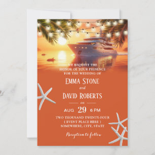 Sunset Yacht & Palm Trees Tropical Beach Wedding Invitation