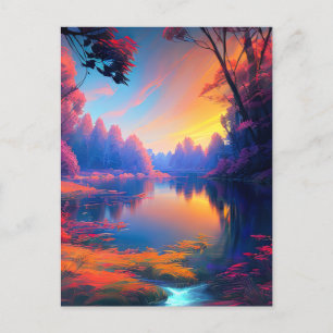 Sunset's Beauty Unveiled at the Forested Lake Postcard
