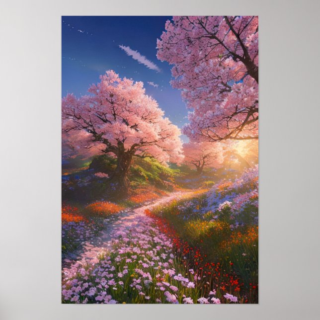 Sunset's Magic on a Meadow of Flowers Poster (Front)