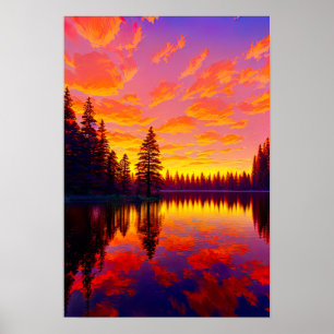 Sunset's Palette, Gold and Red Sky over Lake Poster