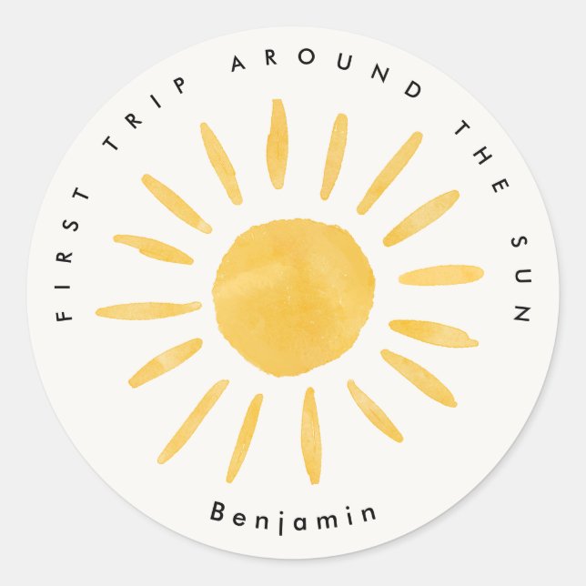 sunshine 1st birthday watercolor sun  classic round sticker (Front)