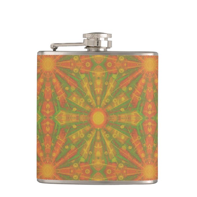 "Sunshine" abstract pattern in orange and yelllow Hip Flask (Front)