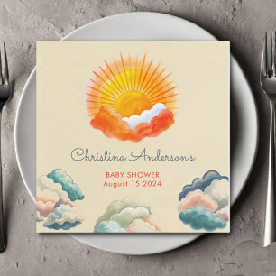 Sunshine and Clouds Yellow Grey Retro Baby Shower Napkin