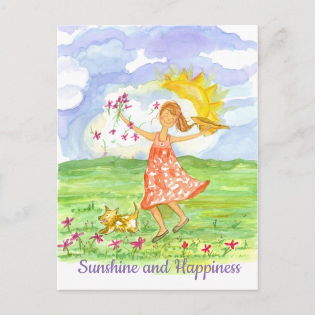Sunshine and Happiness Girl Dog Inspirational Postcard (Front)