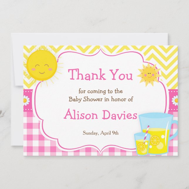 Sunshine and Lemonade Pink and Yellow Baby Shower Thank You Card (Front)
