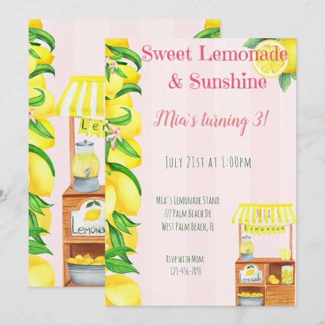 Sunshine and Sweet Lemonade Stand Girls Birthday  Invitation (Front/Back)