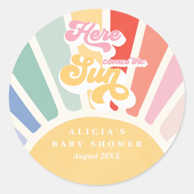 Sunshine Baby Shower Boho Retro Rainbow Favours Classic Round Sticker (Front)