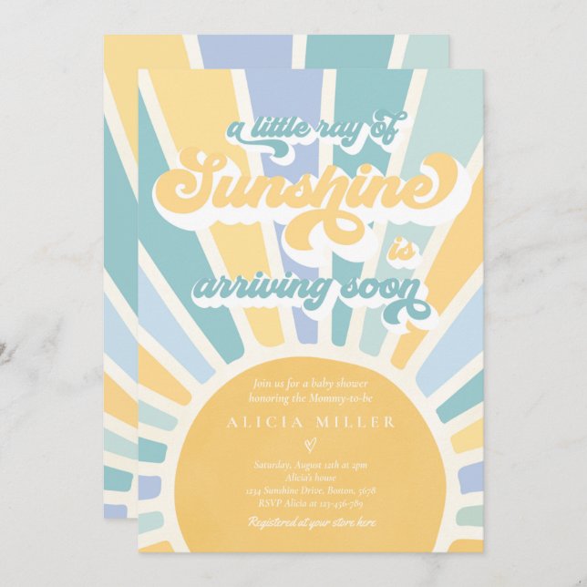 Sunshine Baby Shower Boho Retro Yellow Sunshine Invitation (Front/Back)